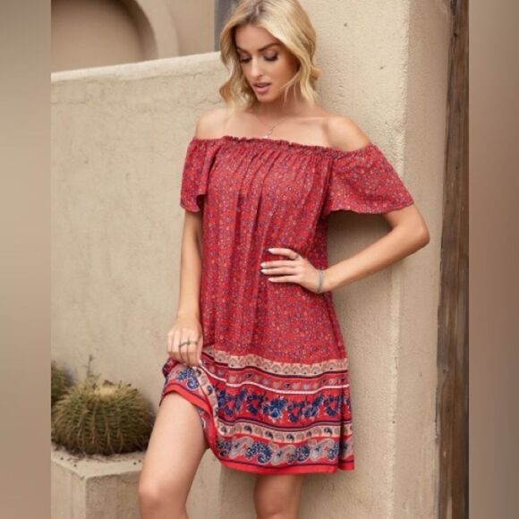 Anna-Kaci California Rustic Red Double Textured Tiered Floral Women'Dress, Sz S - Picture 1 of 11